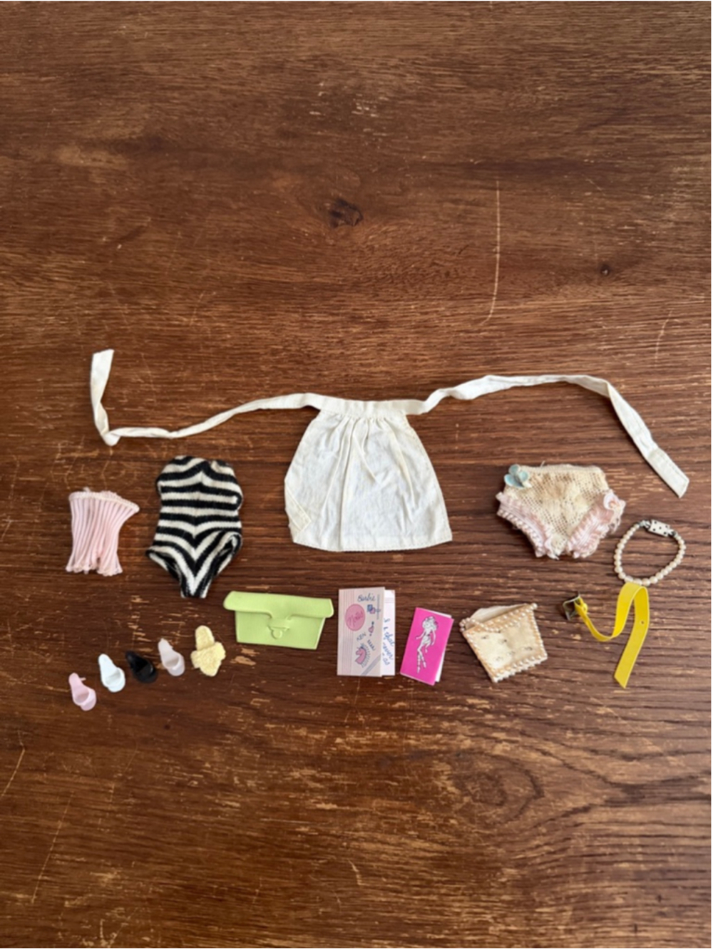 Vintage Barbie Doll Accessory Lot Shoes Swimsuit Apron Purse Necklace Lingerie